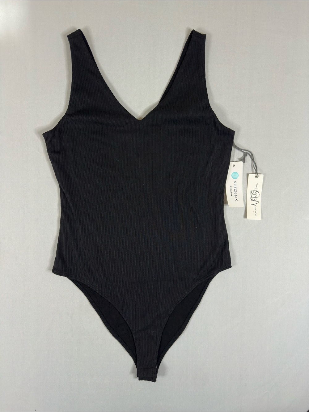 Black Ribbed V-Neck Bodysuit NWT Size M Minimalist Y2K Revival Athleisure chic